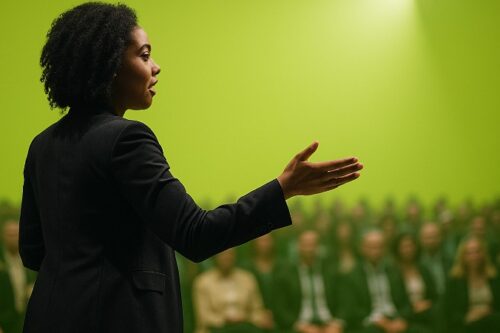 Maximize Event ROI - Woman addressing large audience